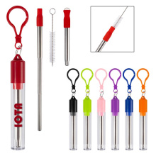 Outdoor Portable Eco-friendly Reusable 304SS Metal Cleaning Brush Drinking Telescopic Straw In Clear Plastic Tube With Carabiner